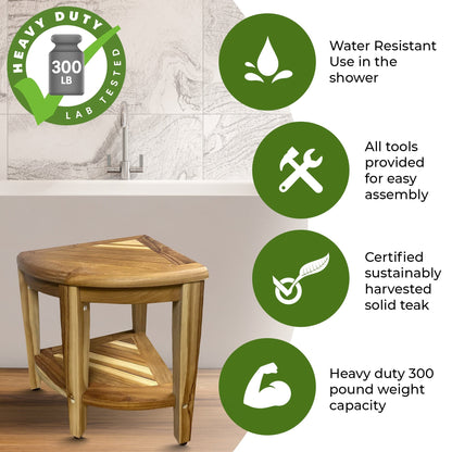 EcoDecors, Snazzy Corner, Banc de douche en teck, Tabouret de douche en teck, Tabouret de douche d'angle, Banc de douche d'angle en teck, Avec étagère
