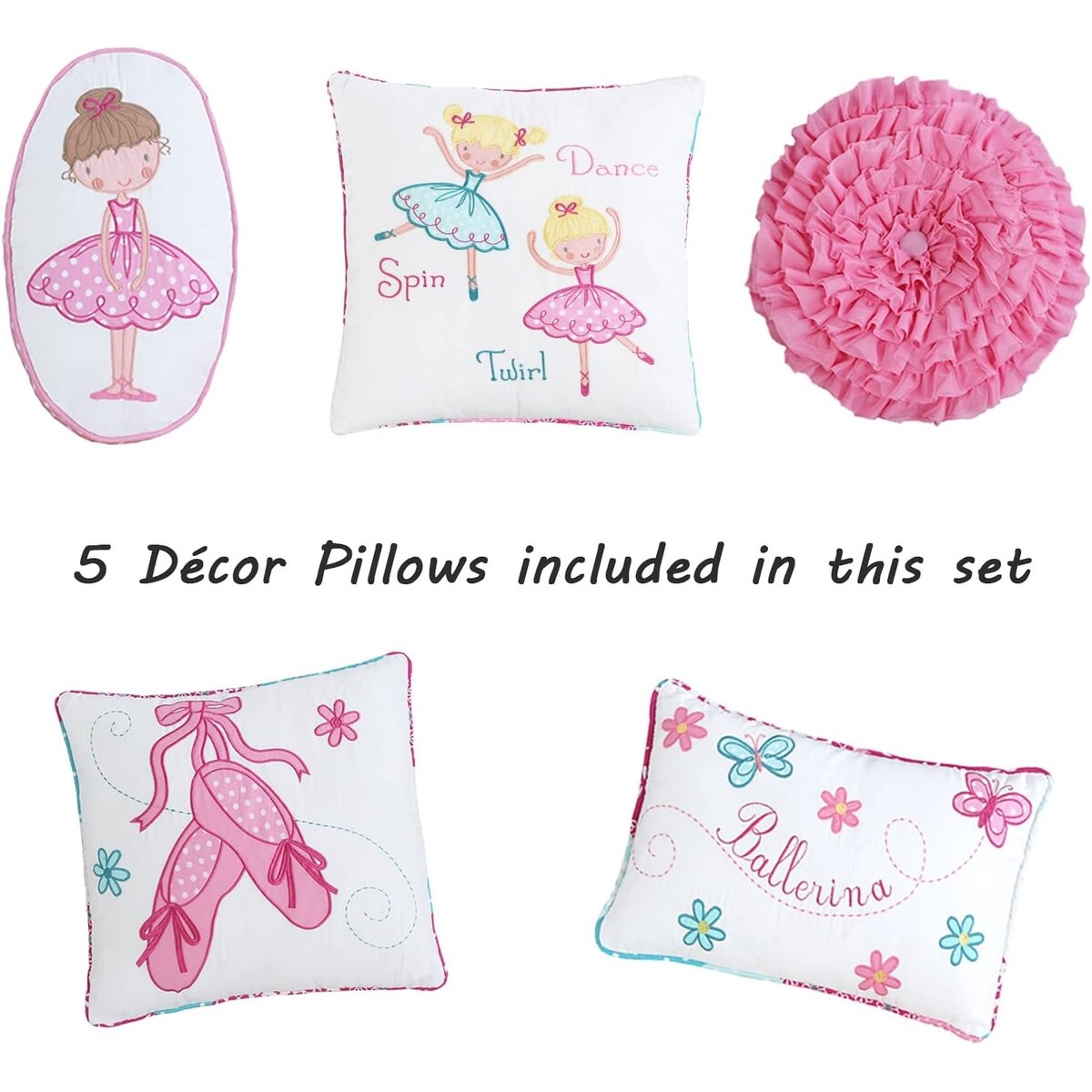 Ensemble de literie réversible en coton Cozy Line Ballerina Pink pour filles avec oreillers décoratifs