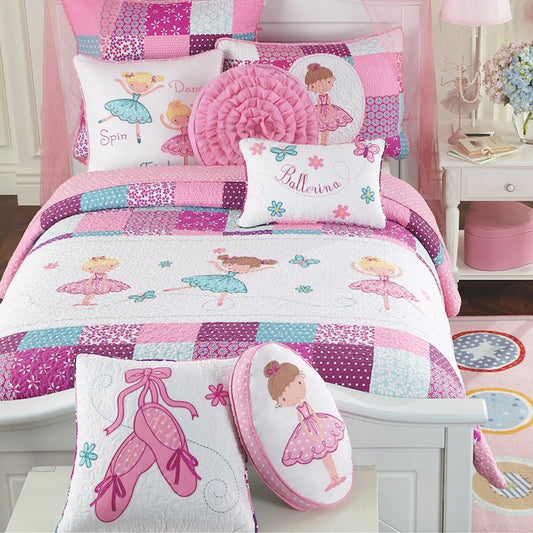 Ensemble de literie réversible en coton Cozy Line Ballerina Pink pour filles avec oreillers décoratifs