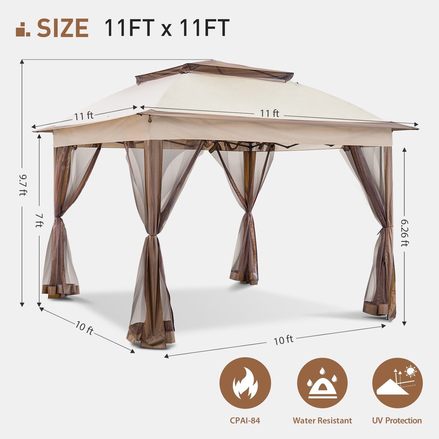 Gazebo en acier Cozywor de 3,35 m x 3,35 m (11 pi x 11 pi) avec moustiquaire