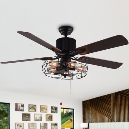 Ventilateur de plafond CurveCurio style industriel et champêtre à 5 lumières, cage noire, avec éclairage, télécommande et tirette, 42-48-52 pouces
