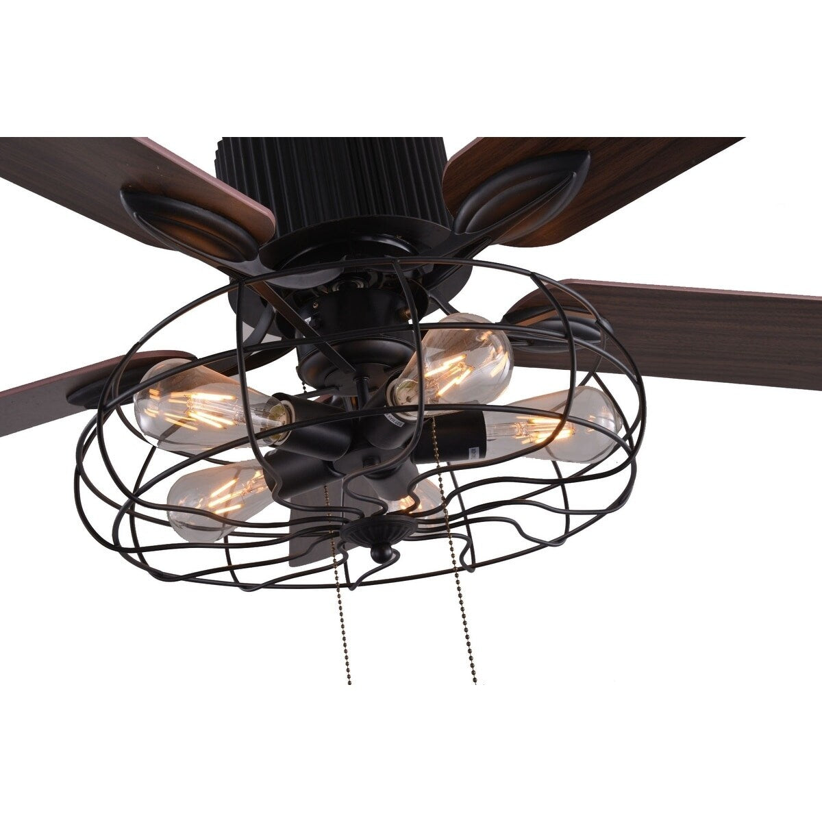 Ventilateur de plafond CurveCurio style industriel et champêtre à 5 lumières, cage noire, avec éclairage, télécommande et tirette, 42-48-52 pouces
