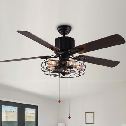 Ventilateur de plafond CurveCurio style industriel et champêtre à 5 lumières, cage noire, avec éclairage, télécommande et tirette, 42-48-52 pouces
