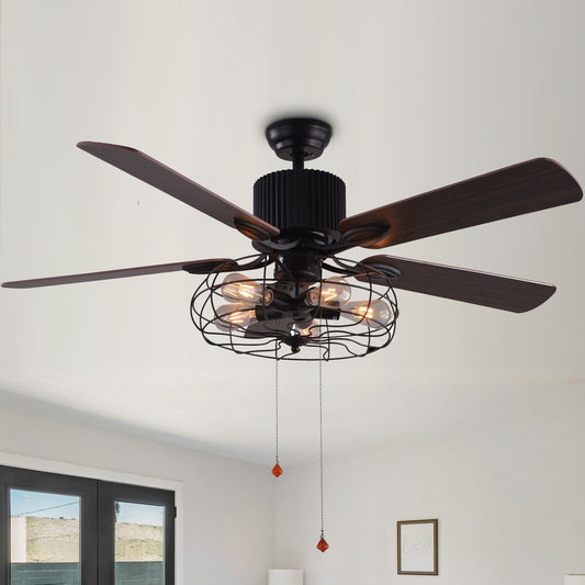 Ventilateur de plafond CurveCurio style industriel et champêtre à 5 lumières, cage noire, avec éclairage, télécommande et tirette, 42-48-52 pouces