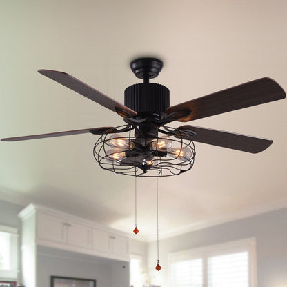 Ventilateur de plafond CurveCurio style industriel et champêtre à 5 lumières, cage noire, avec éclairage, télécommande et tirette, 42-48-52 pouces