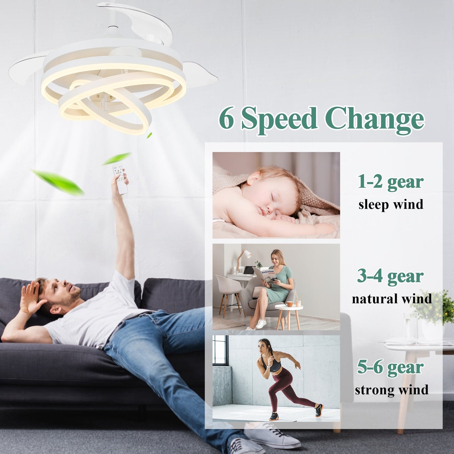 Ventilateur de plafond rétractable Cusp Barn 42 avec éclairage et télécommande, forme DIY, abat-jour moderne, moteur DC silencieux, éclairage LED.