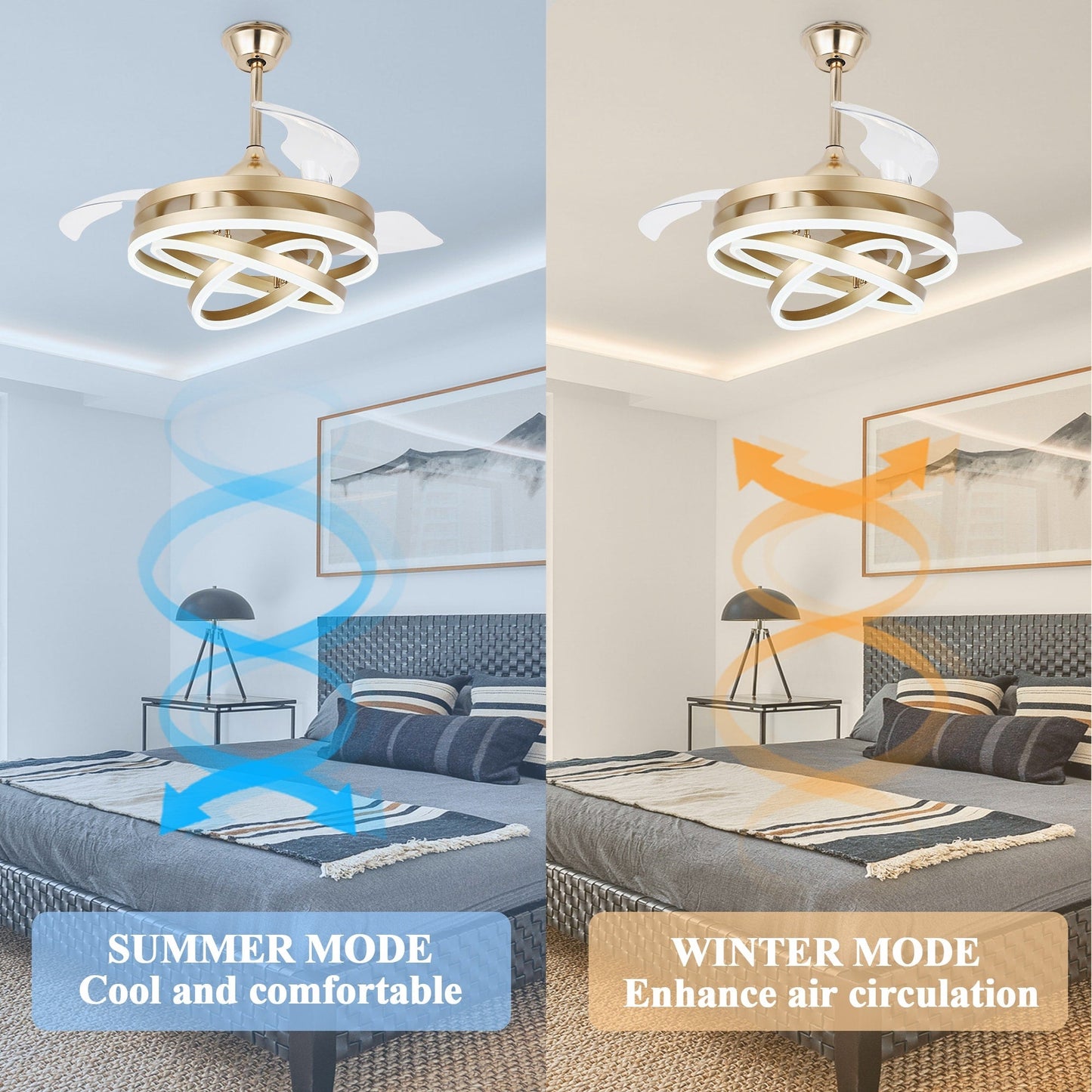 Ventilateur de plafond rétractable Cusp Barn 42 avec éclairage et télécommande, forme DIY, abat-jour moderne, moteur DC silencieux, éclairage LED.