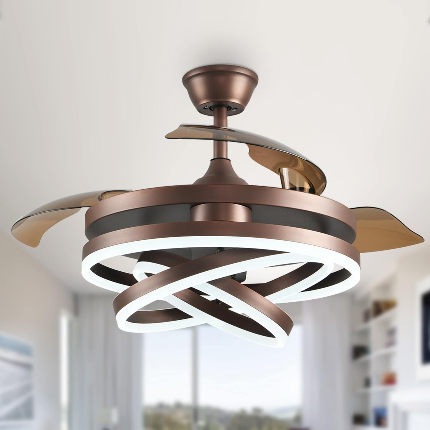 Ventilateur de plafond rétractable Cusp Barn 42 avec éclairage et télécommande, forme DIY, abat-jour moderne, moteur DC silencieux, éclairage LED.
