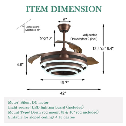 Ventilateur de plafond rétractable Cusp Barn 42 avec éclairage et télécommande, forme DIY, abat-jour moderne, moteur DC silencieux, éclairage LED.