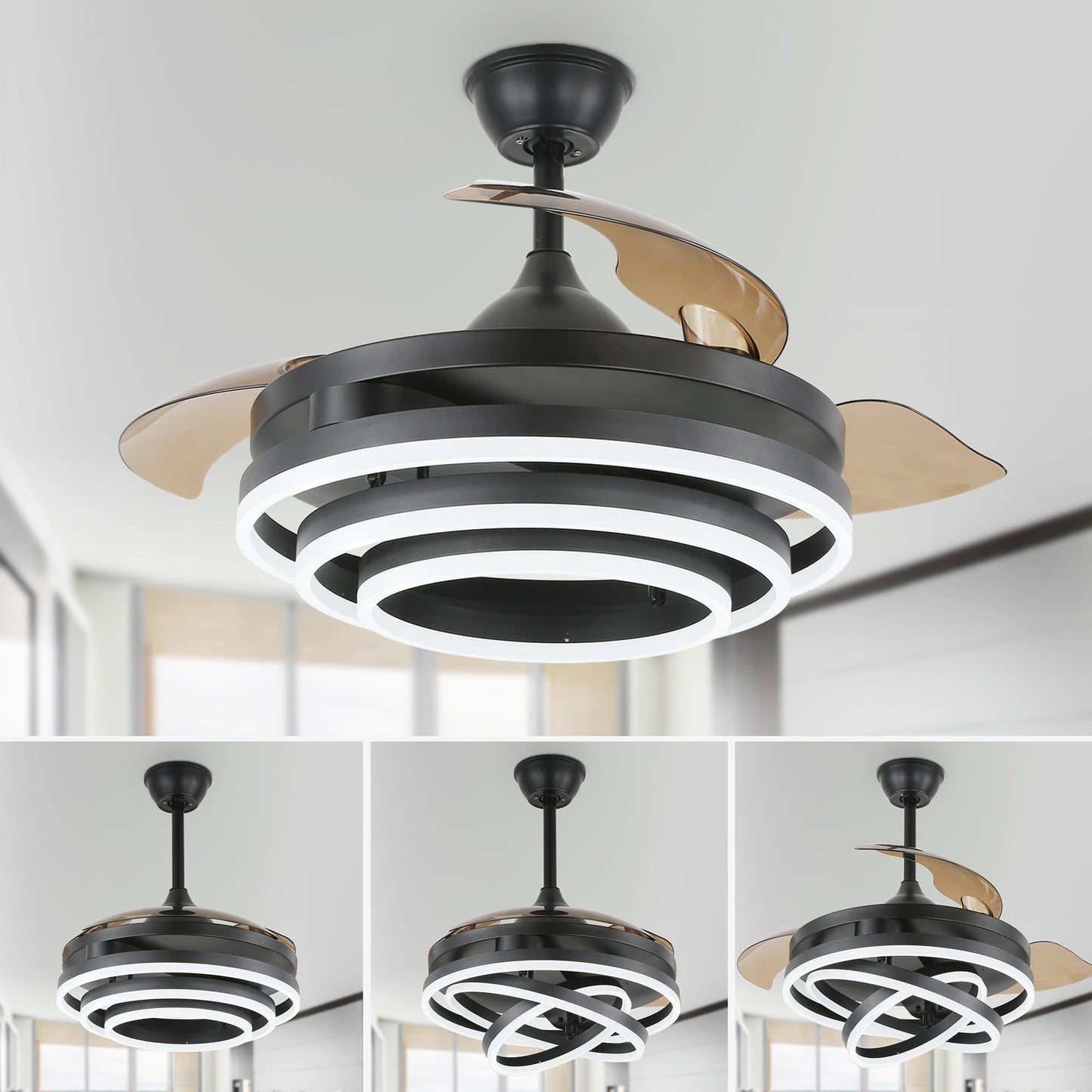 Ventilateur de plafond rétractable Cusp Barn 42 avec éclairage et télécommande, forme DIY, abat-jour moderne, moteur DC silencieux, éclairage LED.