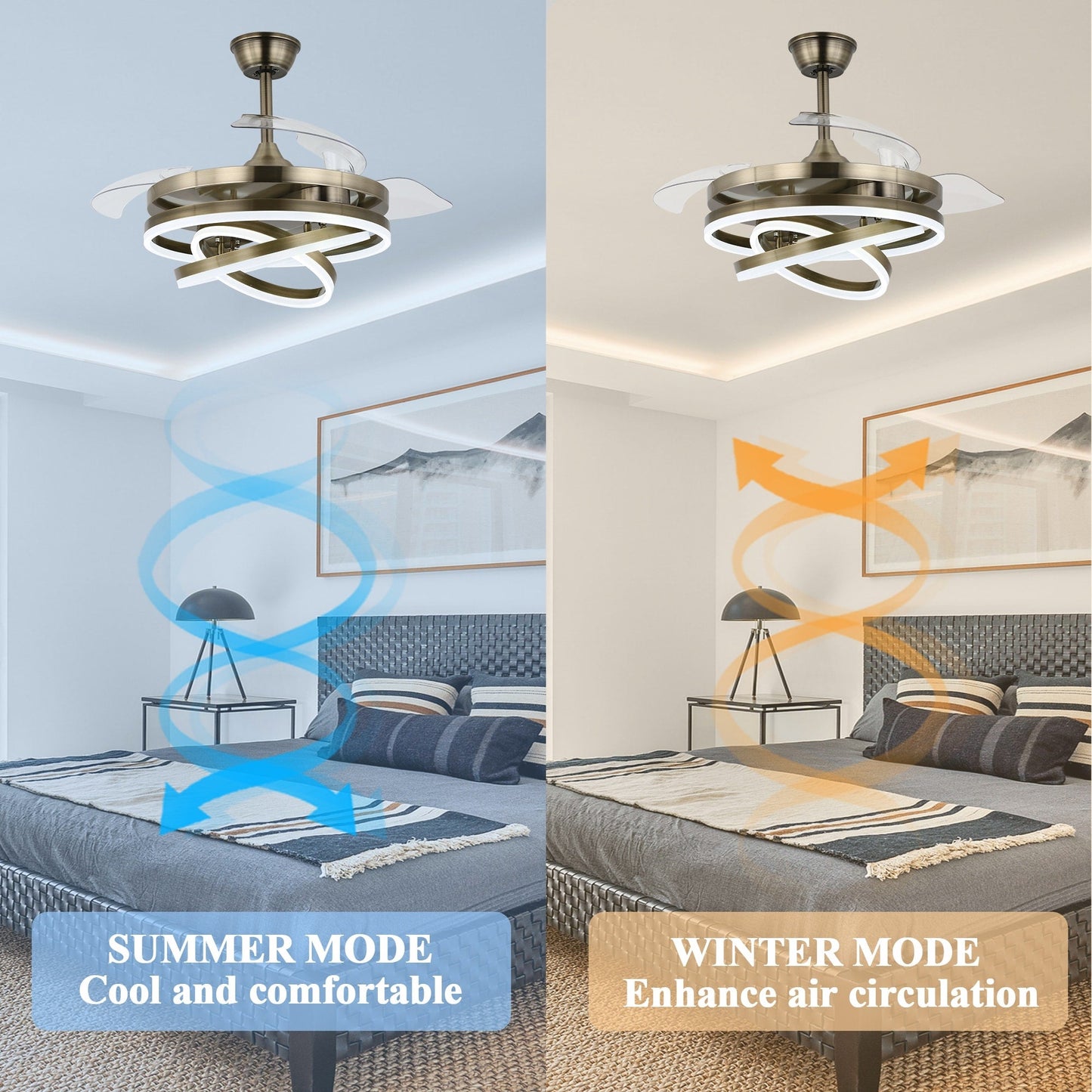 Ventilateur de plafond rétractable Cusp Barn 42 avec éclairage et télécommande, forme DIY, abat-jour moderne, moteur DC silencieux, éclairage LED.