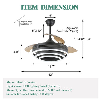 Ventilateur de plafond rétractable Cusp Barn 42 avec éclairage et télécommande, forme DIY, abat-jour moderne, moteur DC silencieux, éclairage LED.