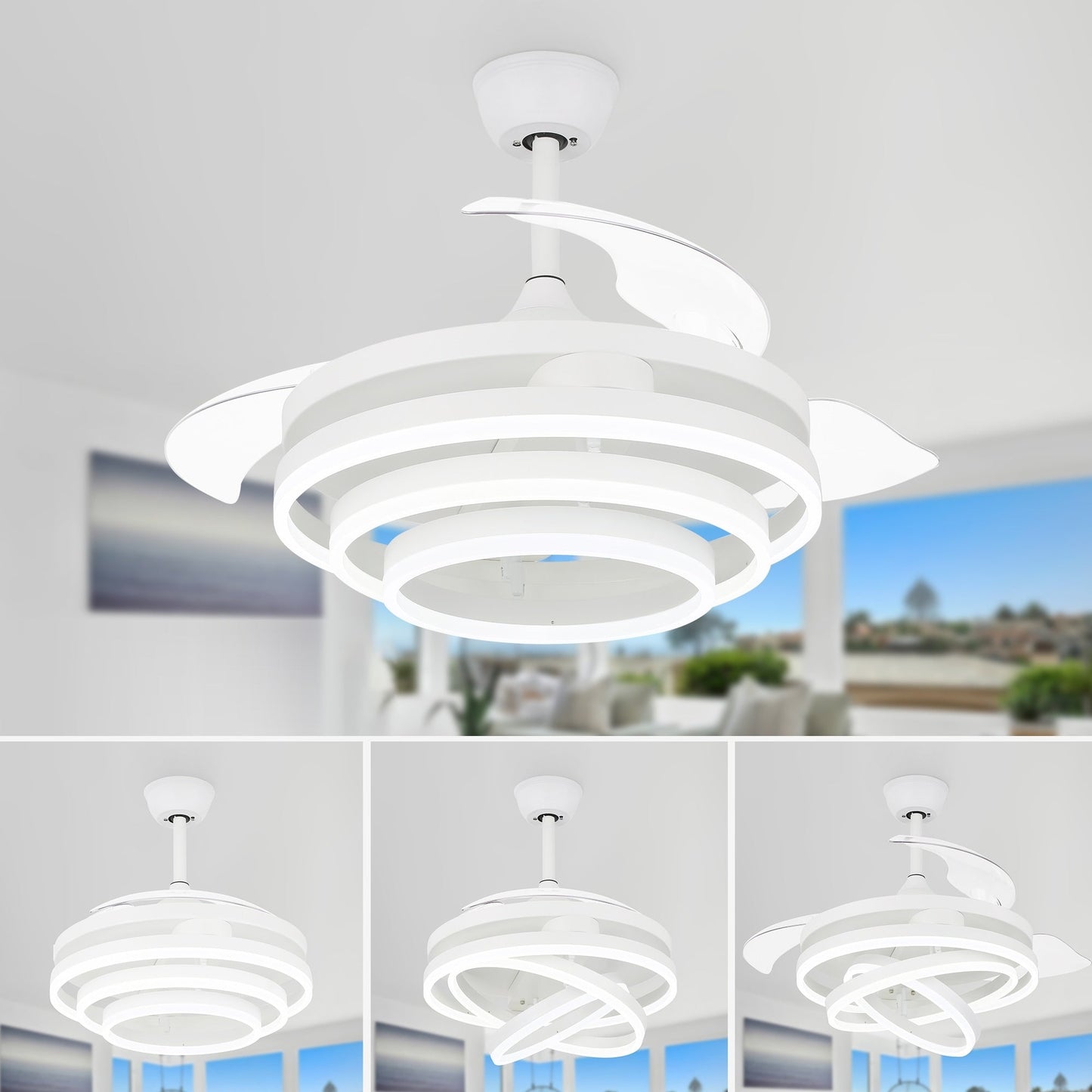 Ventilateur de plafond rétractable Cusp Barn 42 avec éclairage et télécommande, forme DIY, abat-jour moderne, moteur DC silencieux, éclairage LED.