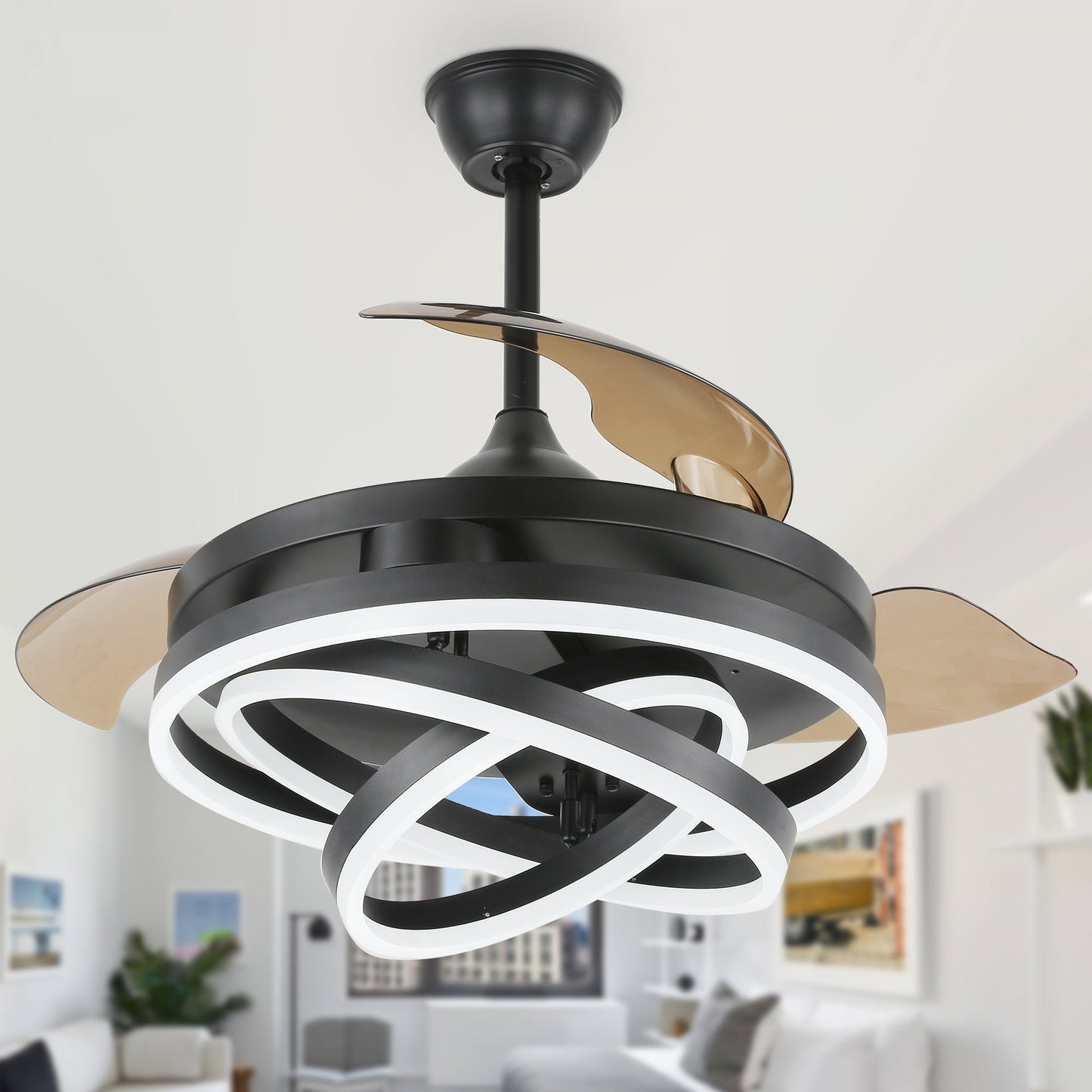 Ventilateur de plafond rétractable Cusp Barn 42 avec éclairage et télécommande, forme DIY, abat-jour moderne, moteur DC silencieux, éclairage LED.