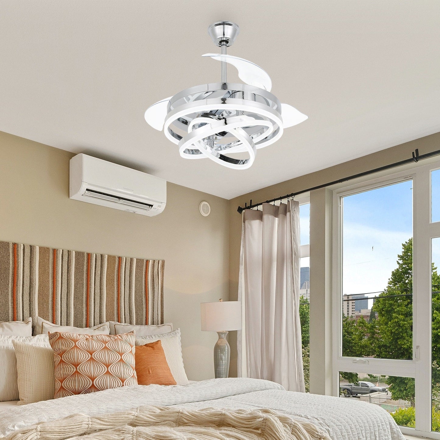 Ventilateur de plafond rétractable Cusp Barn 42 avec éclairage et télécommande, forme DIY, abat-jour moderne, moteur DC silencieux, éclairage LED.