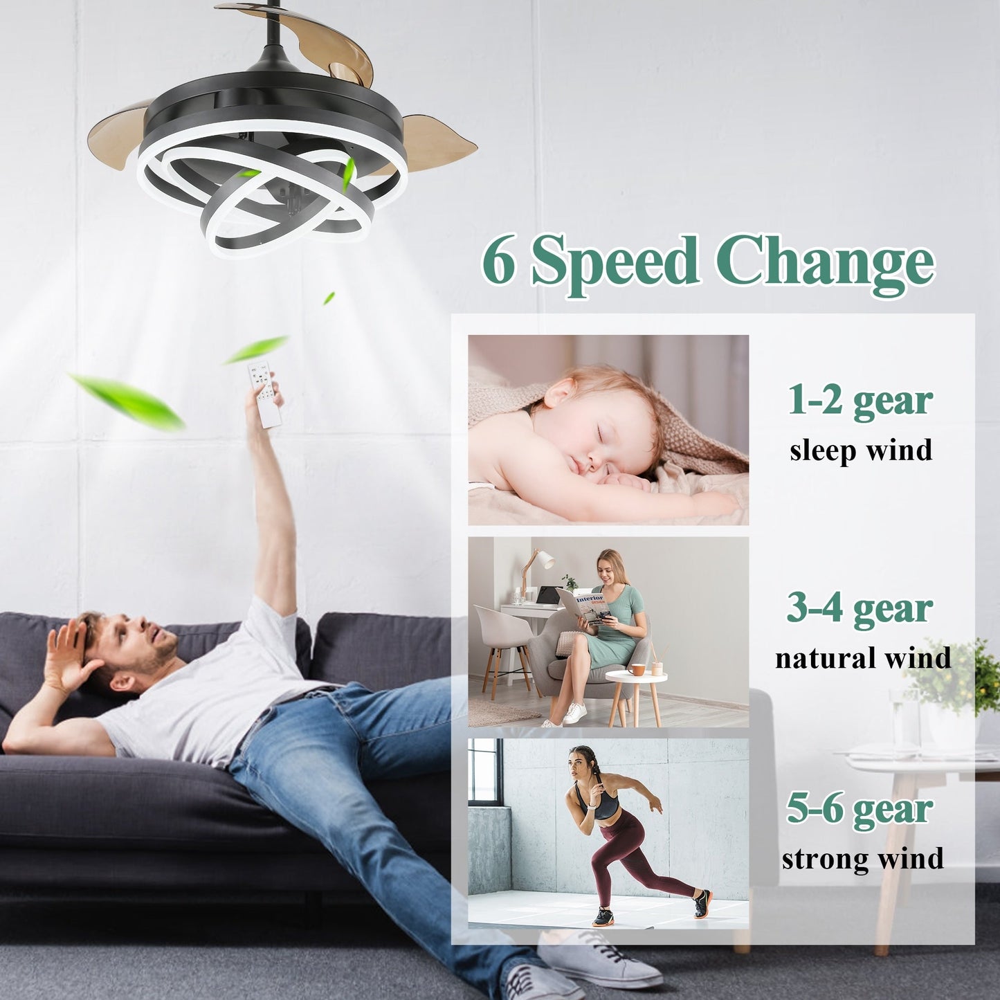 Ventilateur de plafond rétractable Cusp Barn 42 avec éclairage et télécommande, forme DIY, abat-jour moderne, moteur DC silencieux, éclairage LED.