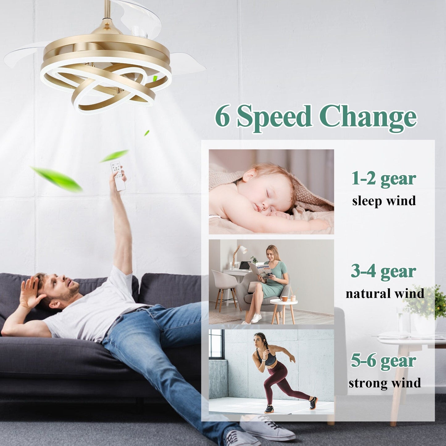 Ventilateur de plafond rétractable Cusp Barn 42 avec éclairage et télécommande, forme DIY, abat-jour moderne, moteur DC silencieux, éclairage LED.