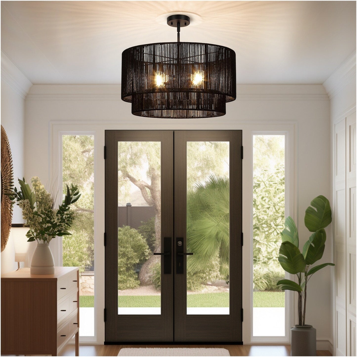 Luminaire suspendu à 4 lumières en rotin noir, modèle Cynthia - 56 cm de largeur