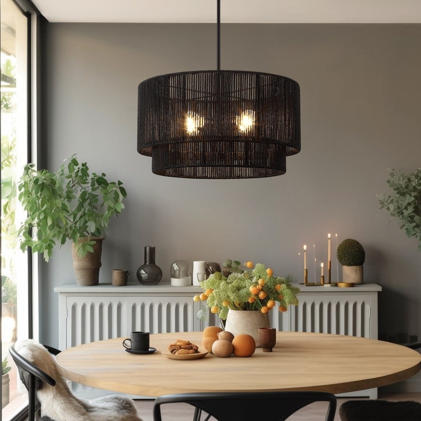 Luminaire suspendu à 4 lumières en rotin noir, modèle Cynthia - 56 cm de largeur