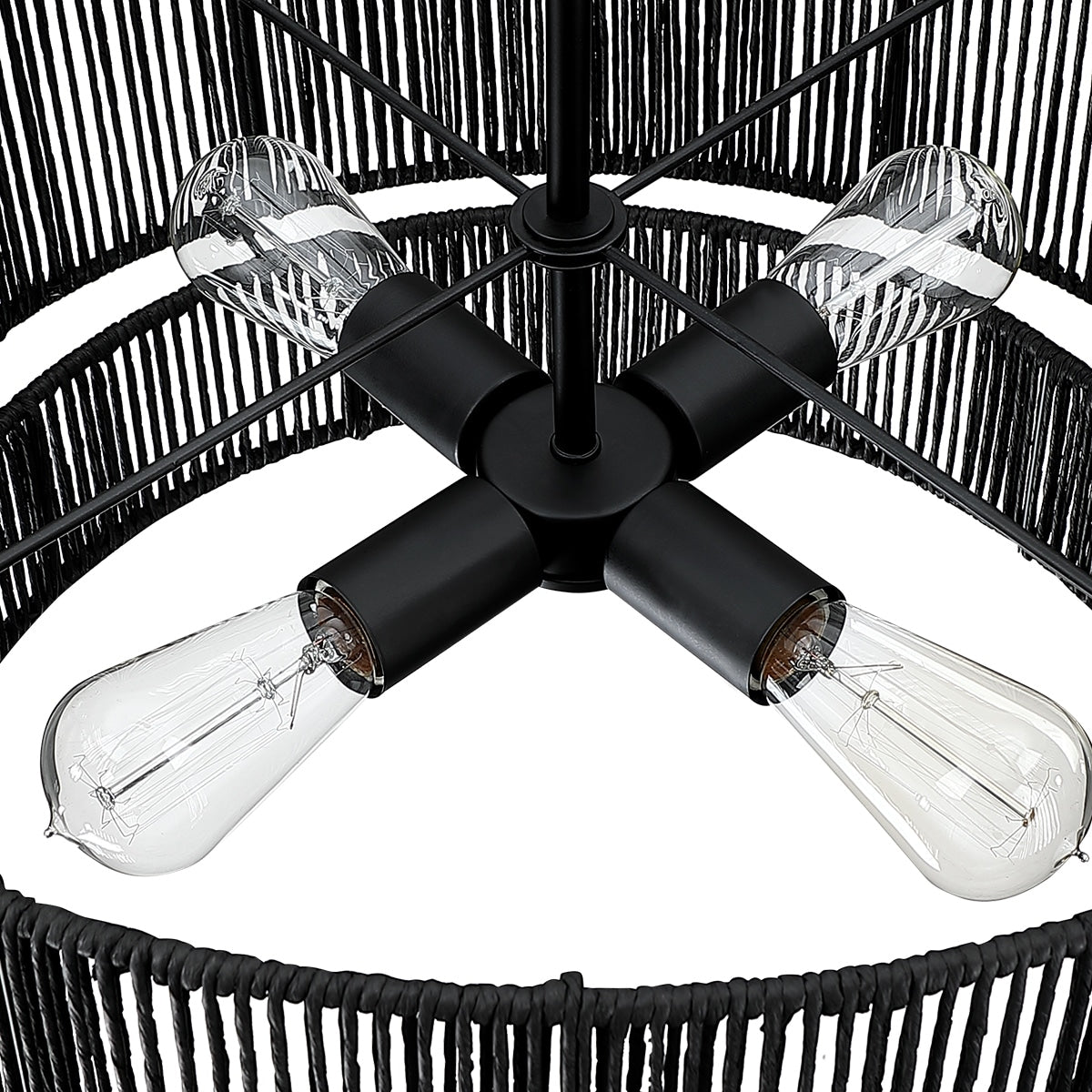 Luminaire suspendu à 4 lumières en rotin noir, modèle Cynthia - 56 cm de largeur