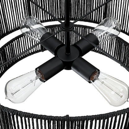 Luminaire suspendu à 4 lumières en rotin noir, modèle Cynthia - 56 cm de largeur