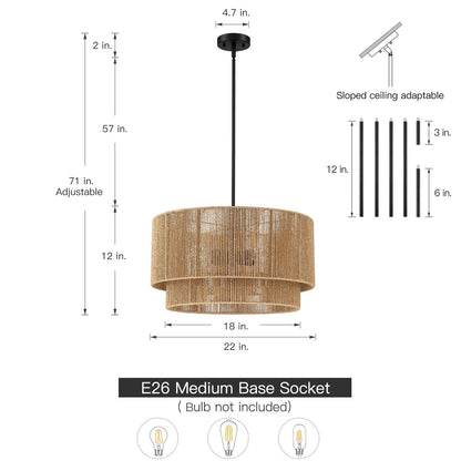 Suspension en rotin naturel à 4 lumières, modèle Cynthia - 56 cm de largeur