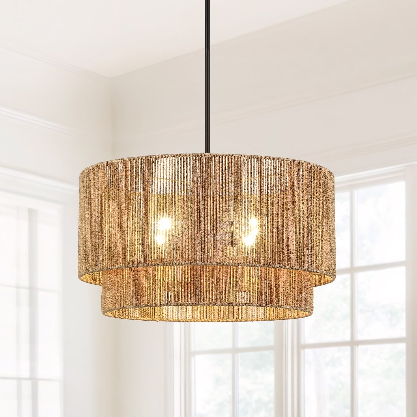 Suspension en rotin naturel à 4 lumières, modèle Cynthia - 56 cm de largeur