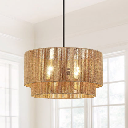 Suspension en rotin naturel à 4 lumières, modèle Cynthia - 56 cm de largeur