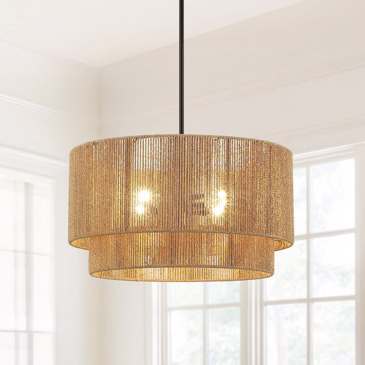 Suspension en rotin naturel à 4 lumières, modèle Cynthia - 56 cm de largeur