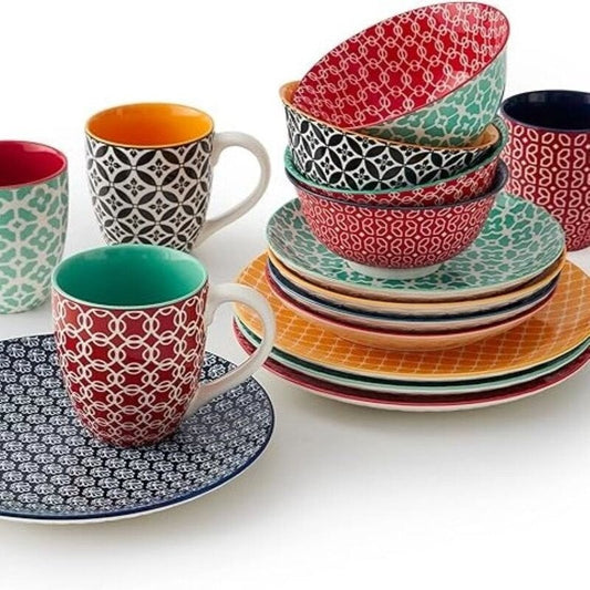 Service de vaisselle en céramique DOWAN, ensemble de 16 pièces pour 4 personnes, assiettes et bols décoratifs.