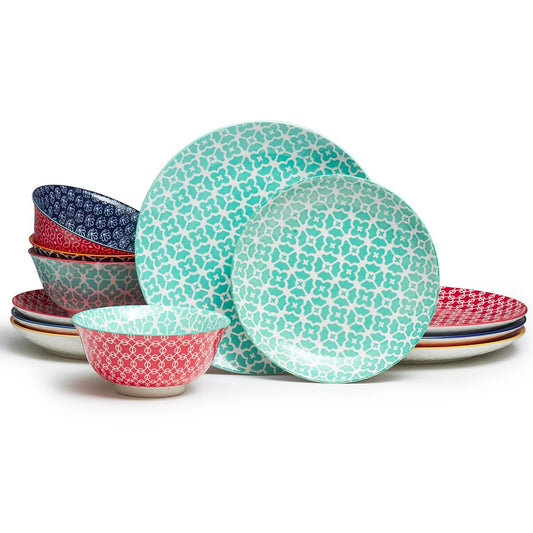 DOWAN Assortiment de bols et d'assiettes en céramique, service de table 12 pièces pour la décoration de Noël, service de vaisselle coloré pour 4 personnes