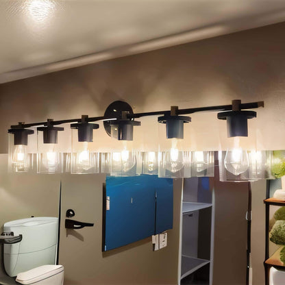Applique murale de salle de bain Decatur à 6 lumières, style ferme moderne, noir/or, avec certification UL.
