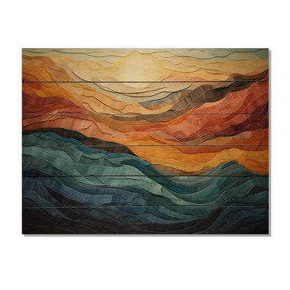 Designart Impression moderne sur bois de pin naturel représentant un paysage montagneux aux couleurs corail et bleu sarcelle.