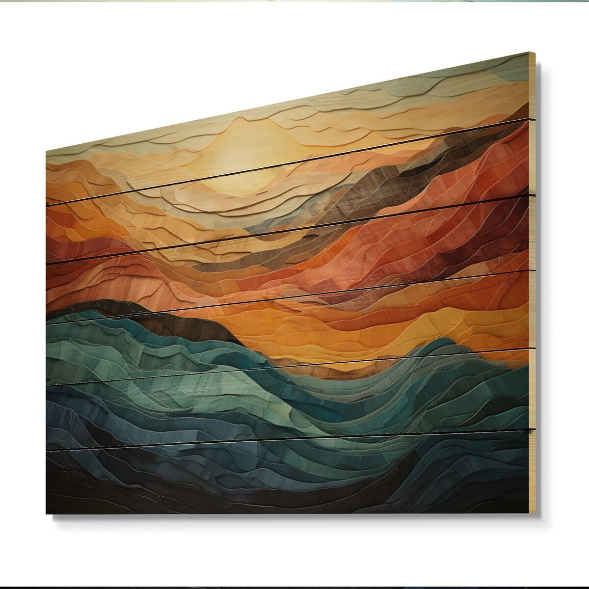 Designart Impression moderne sur bois de pin naturel représentant un paysage montagneux aux couleurs corail et bleu sarcelle.