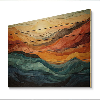 Designart Impression moderne sur bois de pin naturel représentant un paysage montagneux aux couleurs corail et bleu sarcelle.