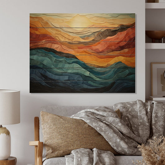 Designart Impression moderne sur bois de pin naturel représentant un paysage montagneux aux couleurs corail et bleu sarcelle.