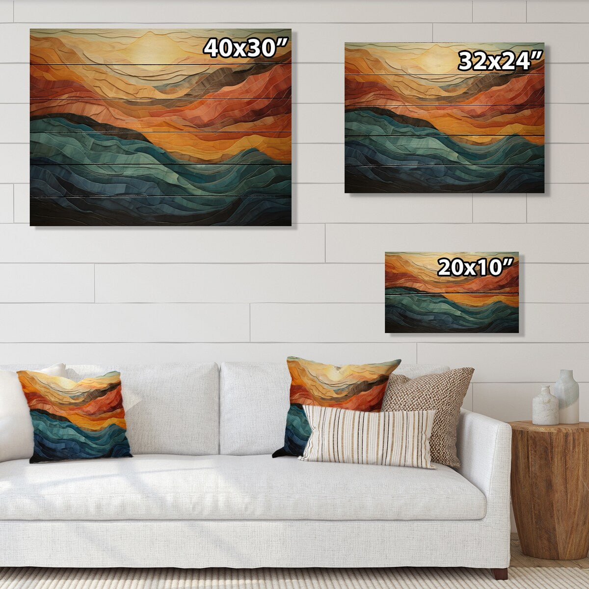 Designart Impression moderne sur bois de pin naturel représentant un paysage montagneux aux couleurs corail et bleu sarcelle.