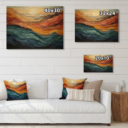Designart Impression moderne sur bois de pin naturel représentant un paysage montagneux aux couleurs corail et bleu sarcelle.