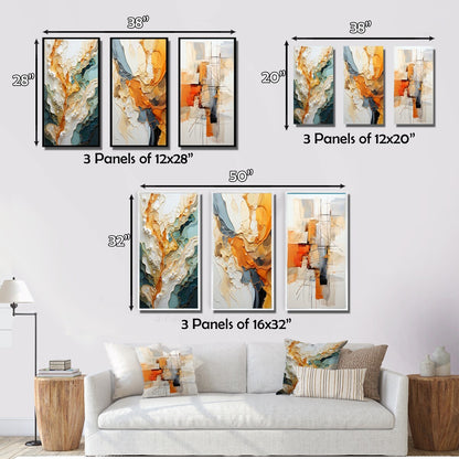 Designart Ensemble de 3 tableaux muraux encadrés représentant des lignes oranges et blanches, art abstrait organique, pour la décoration du salon.
