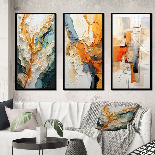 Designart Ensemble de 3 tableaux muraux encadrés représentant des lignes oranges et blanches, art abstrait organique, pour la décoration du salon.