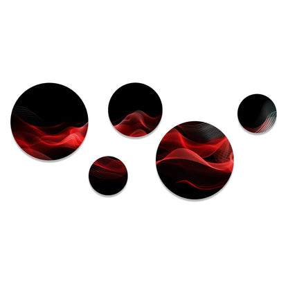 Designart Abstraction Contemplative IX Rouge Noir, Ondes Modernes, Ensemble de 5 Oeuvres Murales Rondes en Métal