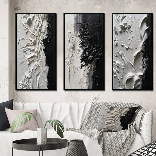 Designart Ensemble de 3 tableaux muraux encadrés abstraits en marbre « Tranquillité débridée III » noir et blanc pour décoration de bureau