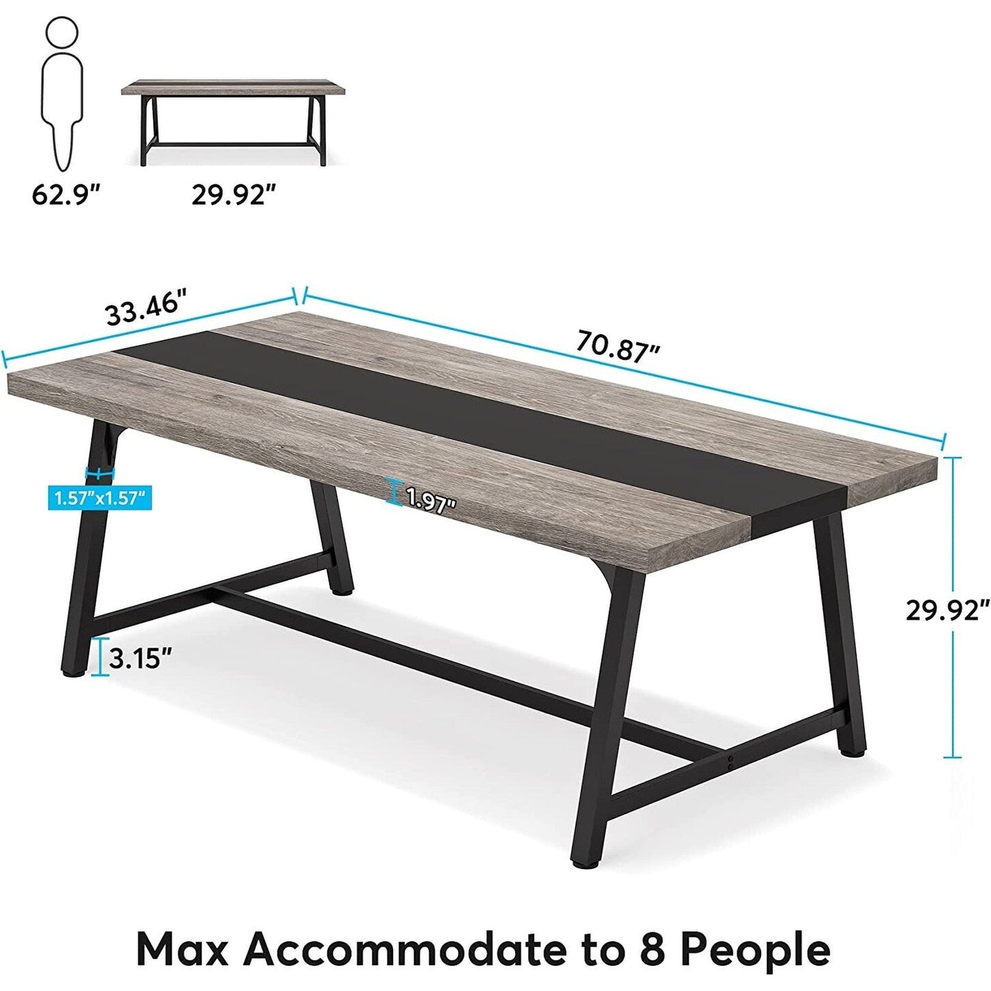 Table de salle à manger pour 8 personnes, table de cuisine rectangulaire en bois de 179,5 cm (70,87 pouces)