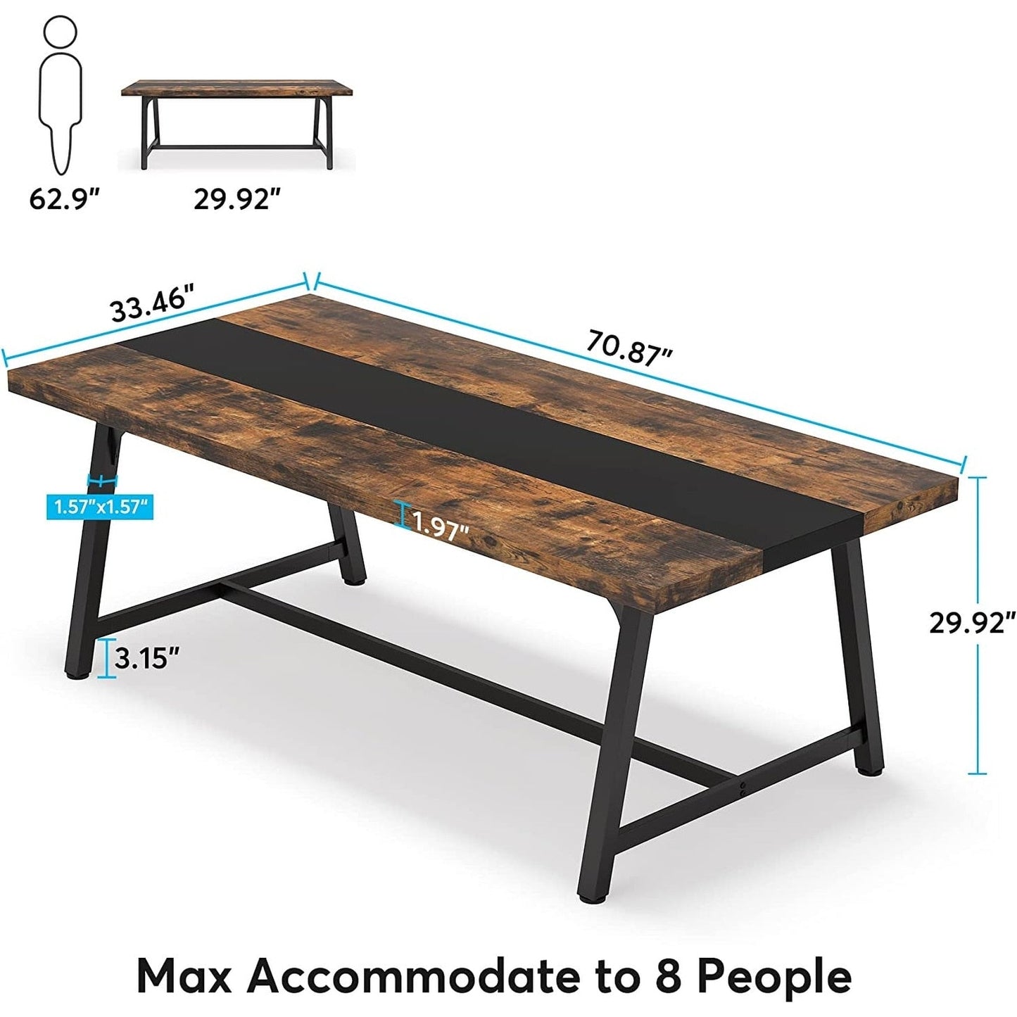 Table de salle à manger pour 8 personnes, table de cuisine rectangulaire en bois de 179,5 cm (70,87 pouces)