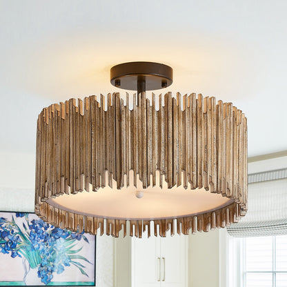 Suspension à 3 lumières en bois blanc vieilli, style tambour, à fixer au plafond.