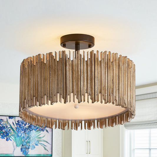 Suspension à 3 lumières en bois blanc vieilli, style tambour, à fixer au plafond.