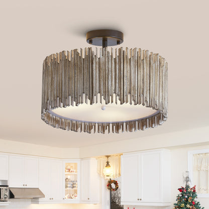 Suspension à 3 lumières en bois blanc vieilli, style tambour, à fixer au plafond.