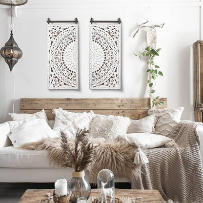 Décoration murale en bois blanc ivoire vieilli avec accents noirs (lot de 2)