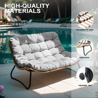 Fauteuil Papasan double avec coussin, en rotin PE résistant aux intempéries et cadre en métal, pour intérieur et extérieur.