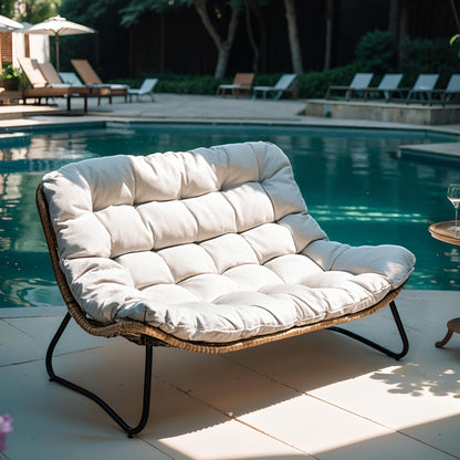 Fauteuil Papasan double avec coussin, en rotin PE résistant aux intempéries et cadre en métal, pour intérieur et extérieur.
